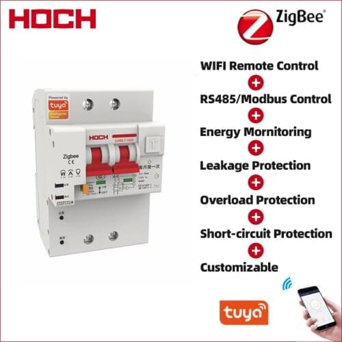 HOCH ZJSBL7 Tuya Zigbee Energy Monitoring 2P Smart RCBO Remote Control Din Rail Bluetooth Timer Automatic WIFI Breaker Factory