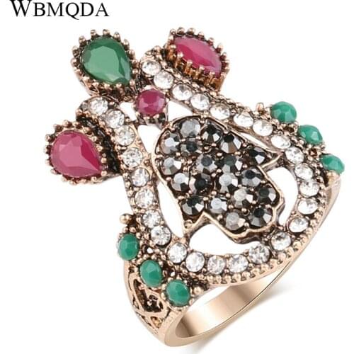 Wbmqda 2021 New Vintage Rings For Women Luxury Boho Antique Gold Color Crystal Small Hand Ring Ethnic Jewelry