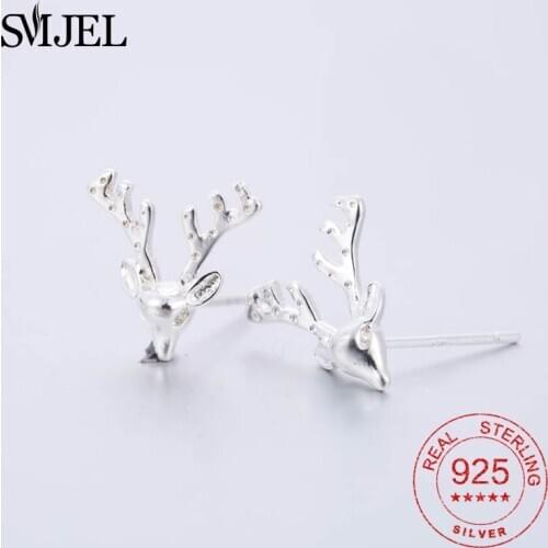 SMJEL New Fashion 925 Sterling Silver Antler Deer Stud Earrings for Women Elk Reindeer Animal Earring Oorbellen Christmas Gift