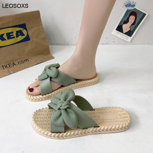 Slippers Womens 2021 New Cross Bow Flat Sandals Womens Fashion Net Red Straw Rope Casual Beach Shoes