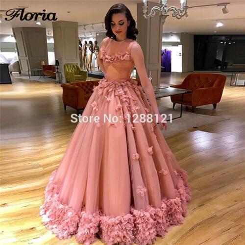 3D Flower Women Evening Dresses Pink Sleeveless Latest Design 2019 Robe De Soiree Arabic Prom Dress Middle East Party Gowns New