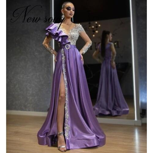 Modest Purple High Side Split Prom Dress Beaded Evening Dresses Mermaid Kaftans Middle East 2020 Long Sleeves Red Carpet Gowns
