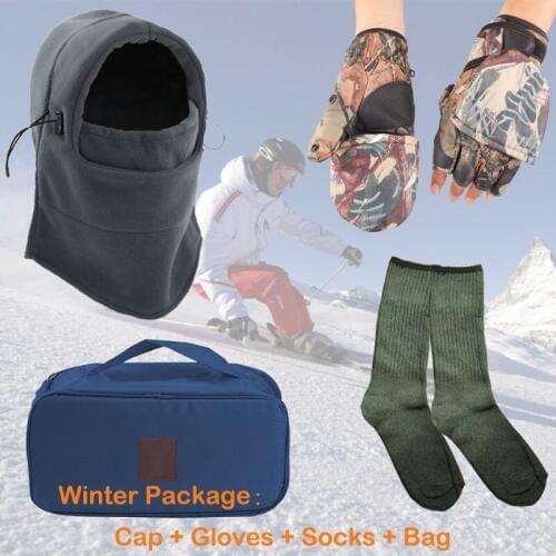Winter Warm Keeping Windproof Beanie Hat Fleece Cap Gloves Thick Cotton Socks Outdoor Sports Fishing Hunting Hiking Skiing
