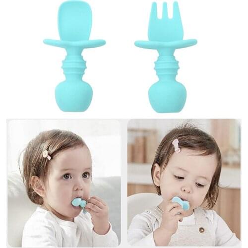 2pcs Baby Silicone Spoon Fork Dinnerware Set Kid Training Spoon For Ages 6 Months+ Portable Child Tableware Heat-resistant