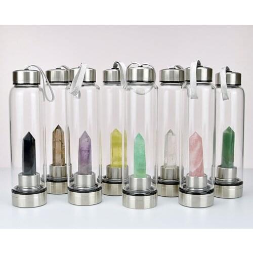 2021 New Natural Quartz Gemstone Glass Water Bottle Direct Drinking Cup Glass Crystal Obelisk Wand Healing Wand Bottle with Rope