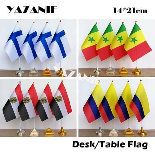YAZANIE 14*21cm 4PCS Small Finland Senegal Polyester Desk Flag Egypt Colombia Negotiation Sign Table Flag with Plastic Base Pole