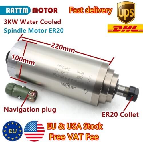 【EU Free VAT】3KW Water Cooling Spindle Motor ER20 220V 24000rpm 100x220mm for CNC Milling Engraving Router Machine