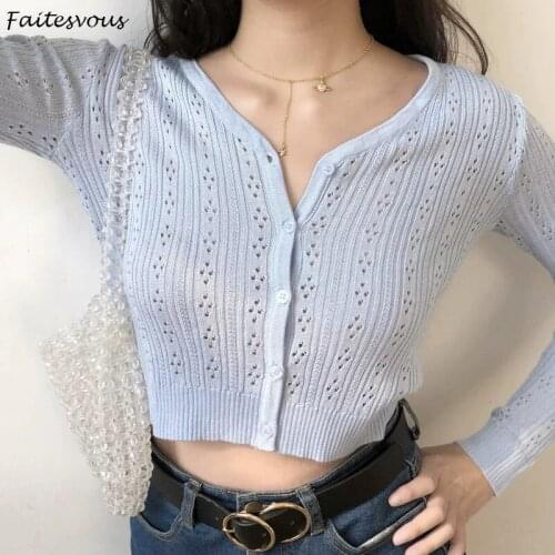 French Retro V-neck Hollow Cardigan Womens Long-Sleeved Knitted Cardigans Ladies Summer Thin Short Jackets