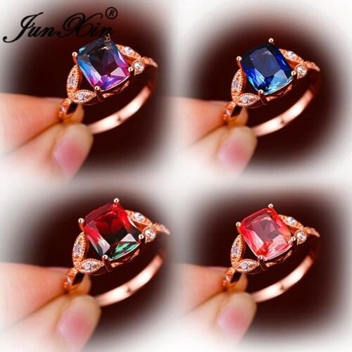 Female Rainbow Fire Crystal Small Rectangle Leaf Rings For Women Rose Gold Wedding Bands Red Green Blue Zircon Engagement Ring