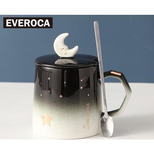 Creative Cup Lid Starry Ceramic Coffee Mug with Lid Spoon Nordic Personality Trend Gradient Color Design Milk Coffee Tea Cup
