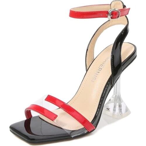 MAIERNISI New Large Size 45 46 Women Shoes Summer Heeled Sandal Color Collision Design Sexy Pumps Thin Clear High Heels Sandals