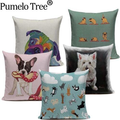 Cartoon Cushion Cover Animal French Bulldog Pug Dog Pillowcase Woven Linen Car Customized Pillow Covers Decorative Home Decor