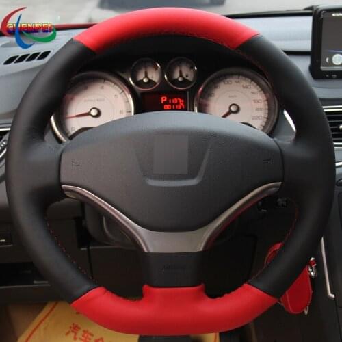 DIY Hand-stitched Non-slip Red Black Leather Steering Wheel Cover For Peugeot 308 2012-2015 408 2013 Car Interior Accessories