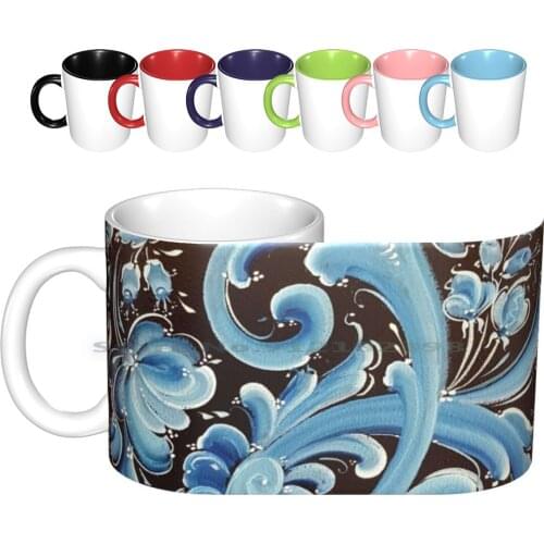 Norwegian Blue Telemark Rosemaling Ceramic Mugs Coffee Cups Milk Tea Mug Telemark Norway Folkart Traditions Rosemaling Scandi