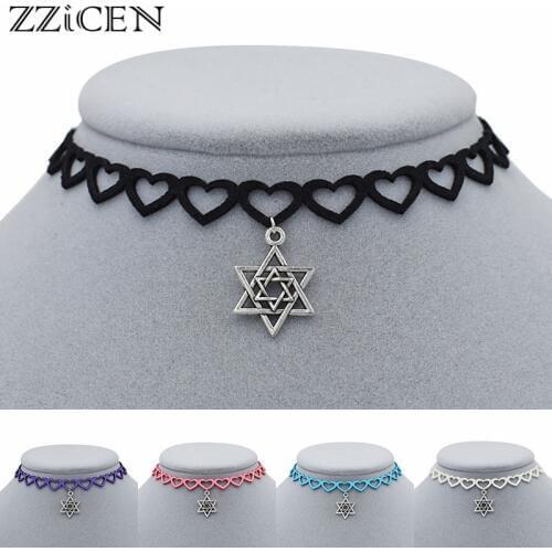 New Vintgae Antique Double Jewish Star of David Pendant Handmade Heart Chokers Necklace for Women Men Jewelry Gifts