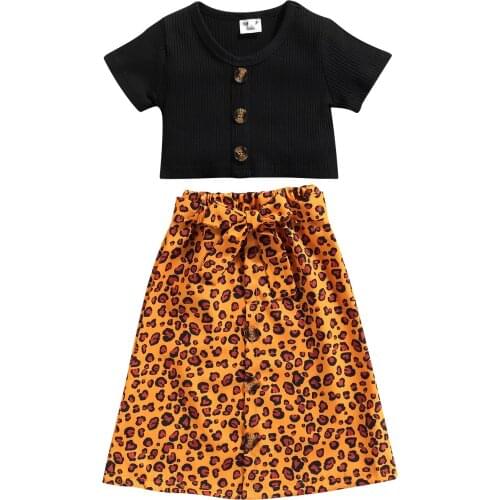1-6Y Girls Clothes Set Summer Kids Clothes Suit Children Clothes Solid Short Sleeve Tops Leopard Skirt Fashion Clothing Sets