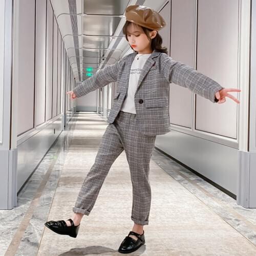Fashion Wedding Kids Suit Sets for Girls Plaid Formal Suit Jackets+Pants School Blazer Set Girls Clothes Children Clothes 8 10Y