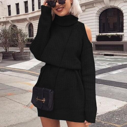 NORMOV Women Dress Winter Knitting Turtleneck Neck Long Sleeve Dress Solid Hollow Out Loose Plus Size Female Dress