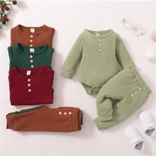 Infant Baby Casual Suits Autumn Toddler Kids Boys Girls Solid Ribbed Plaid Long Sleeve Bodysuits Long Pants 2pcs Newborn Clothes