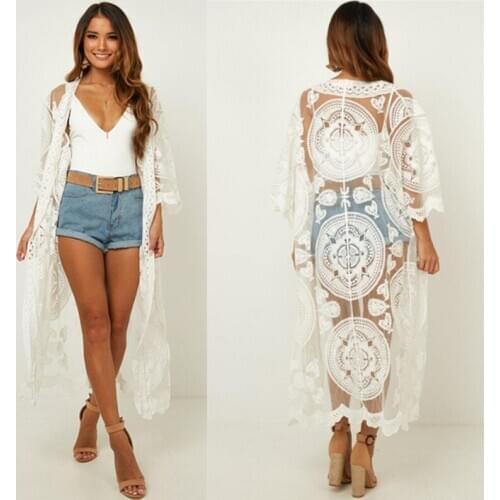 Sexy Women Bikini Swimwear Cover Up Mesh Embroidered Beach Cardigan Loose Maxi Beach Dress Bohemian Young Style Woudeyou Solid