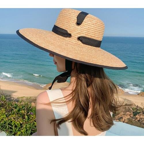 2021 New Fashion Bandage Straw Sun Hats For Women Summer Flat Top Beach Hat Outdoor Travel Sunscreen UV Hat