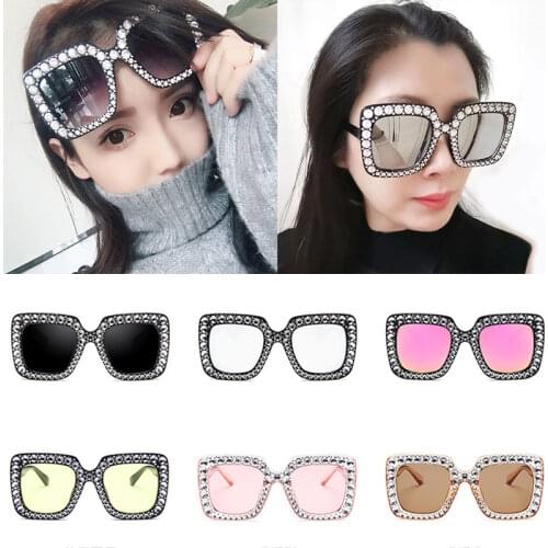 Crystal Square Diamond Sunglasses Women Oversized Rhinestones Sun Glasses Female Mirror Fashion Purple Blue Shades Eyeglasses