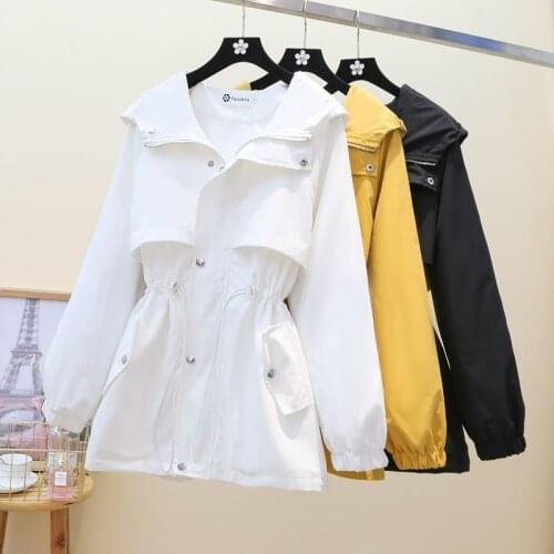 Female Windbreaker White Hooded Coat Tooling Clothes 2021 Spring Autumn New Korean Loose Waist Outwear Casual Women Trench Coats