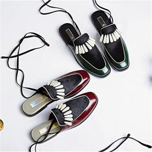 Fornihapfirafs Leather Horsehair Pactkwork Ankle Strappy Sexy Women Sandals Pearl Flat Lace Up Mules Slip-On Women Slipper Shoes