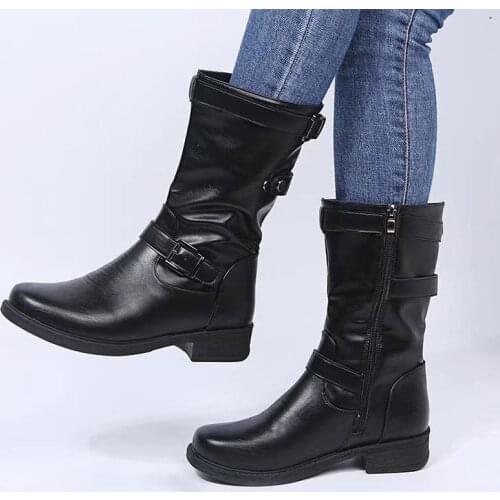Women Buckle Mid-Calf Boots Female Low Square Heel Zipper Half Boots 2020 Woman Fall Winter Pu Flat Shoes Black Gray Size 43