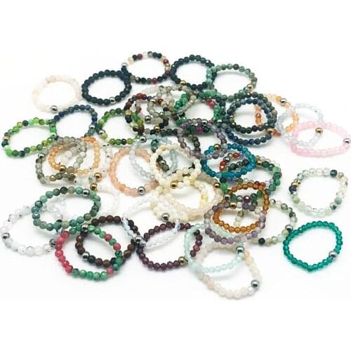 Wholesale Bohemian Handmade 2mm Natural Stone Beads Rings for Women with Stainless Steel Bead Stretch Rope Wedding Adjustable