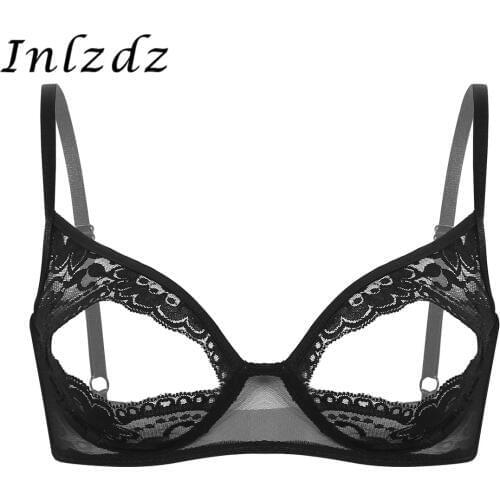 Womens Lingerie Open up Bra for Sex Sheer Lace Floral Exotic Bra Costume Nipple Split Bralette Sexy Wire-free Unlined Bra Top