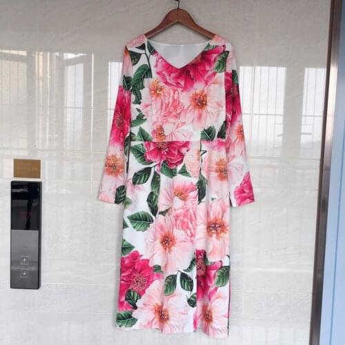 2021 spring new womens rose flower print long-sleeved v-neck split dress slim slimming evening dress pencil skirt