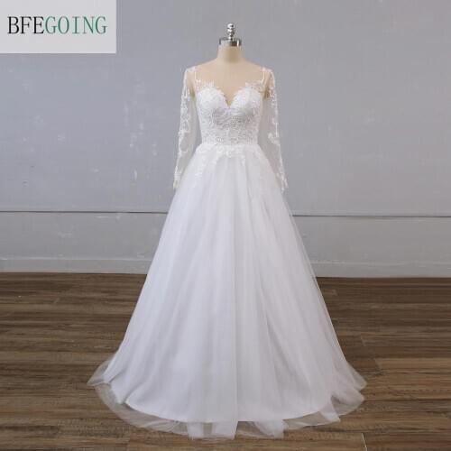 Ivory Tulle Lace Long Sleeves Scoop Bridal Gown Floor-Length A-Line Wedding Dress Zipper UP Custom Made