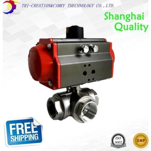 2" DN50 female stainless steel ball valve,3 way 304 screwed/thread pneumatic ball valve_double acting AT T port ball valve