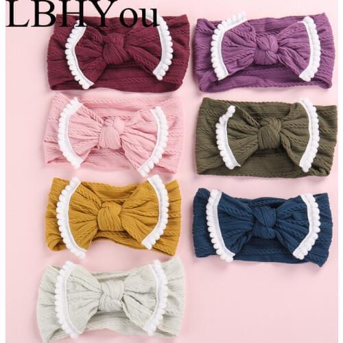 20pcs/lot Fashion Wide Bows Nylon Headbands,Baby Girls Knotbow Cable Knit Turban Headband,Elastic Cotton Pompom Trim Head Wraps