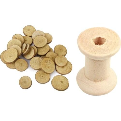 30Pcs Wood Log Slices Discs 3-4Cm & 10Pcs Wooden Empty Thread Spools Natural Color 29Mm X23mm