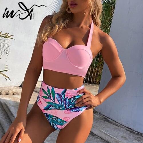 In-X High waist bikini 2021 Leaf print swimsuit women Push up swimwear female Halter bathing suit Vintage swimming suit biquini