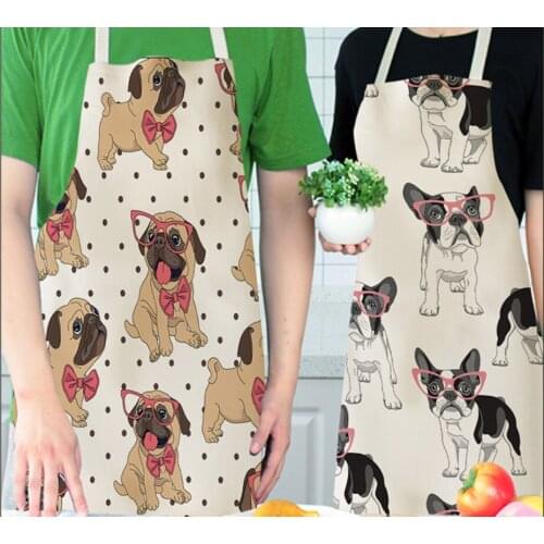 Bulldog Dachshund Pug Dog Printed Kitchen Apron for Woman Cotton Linen Bib 55*68cm Home Cooking Baking Cleaning Tool w433