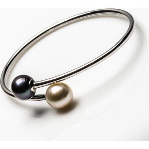 Expensive fine jewelry Cream Black Green South Sea Tahitian Pearl Bracelet Bangle 925 Sterling Silver free shipping EMS