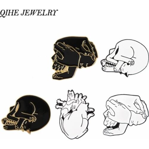 QIHE JEWELRY Skeleton Love Enamel Pins Dark Punk Brooches Cat and Fish Skull Hand in Hand Badges Unisex Goth Couple Jewelry