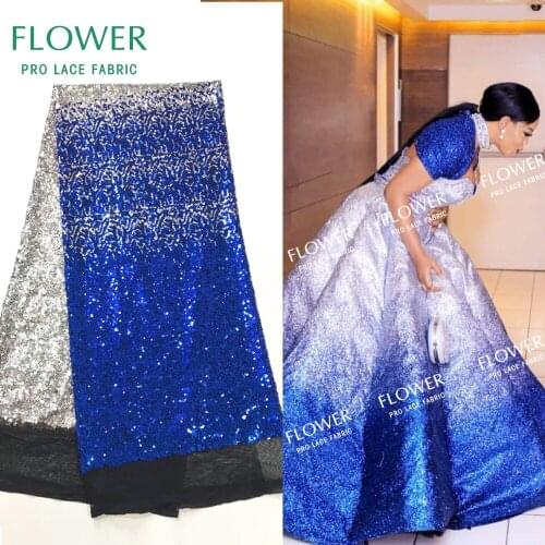Gradient Color Sequined Mesh Tulle Net Lace Fabric African High Quality Party Wedding Dress Fabrics Fashion Blue Sequins Laces