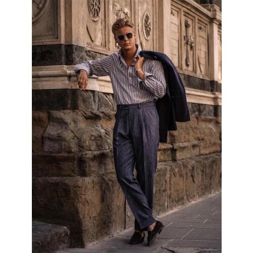 Custom fansky imitation denim fabric mens Italian retro Paris buckle casual pants nine points suit pants street shot