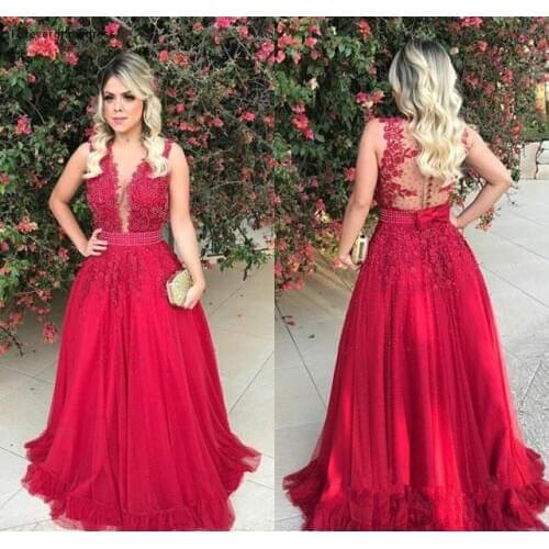 2019 Red Long Evening Dress A Line Sleeveless Formal Holidays Wear Graduation Party Gown Custom Made Plus Size
