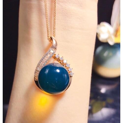 Fashion jewelry collares mujer Mexican gold blue amber s925 sterling silver pendant with pictures and thick chain Really natural