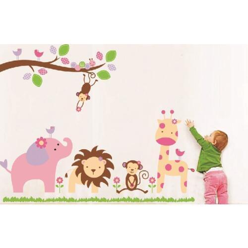 1 Pieces Jungle Animals Giraffe Lion Monkey Elephant Kids Room Wall Sticker Kids Nursery Baby Room Decor Finished Size 98*115cm
