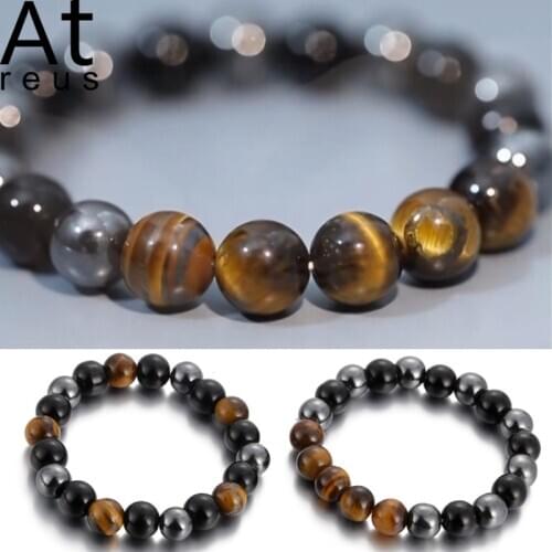 Natural Black Onyx with Tiger eye Stone Beads Men Jewelry Yoka Chakra Bracelet Obsidian Cat eye Strand Energy Balance Bracelet