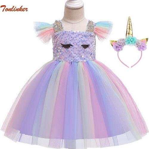 Unicorn Costume Girl Sequined Unicorn Dress With Headband Kids Rainbow Sequin Party Tutu Dress Girls Headdress Disfraz Unicornio