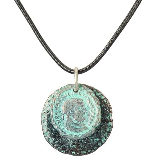 Prettyia Antique Alloy Metal Round Pendant Necklace Black Wax Rope Chain 35"