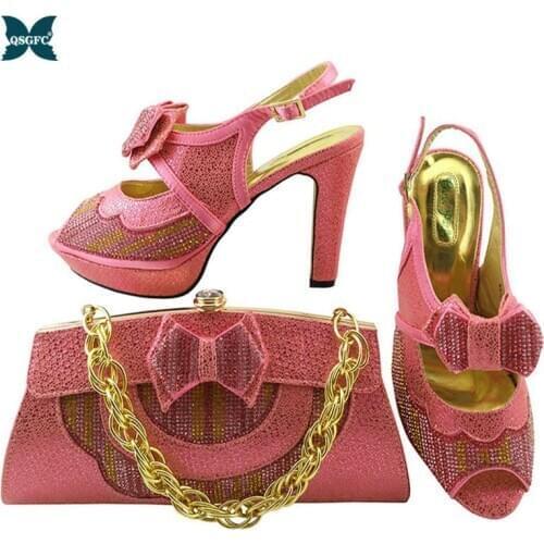 Pink Color Italian design Shoes with Matching Bags African Women Italian Shoes and Bag Set Nigerian Women Wedding Shoes and Bag