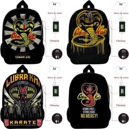 Mochila Karate TV Cobra Kai USB Charging Backpack Teenager School Bags Boys Girl 3D Cartoon Travel Rucksack Men Nylon Laptop Bag